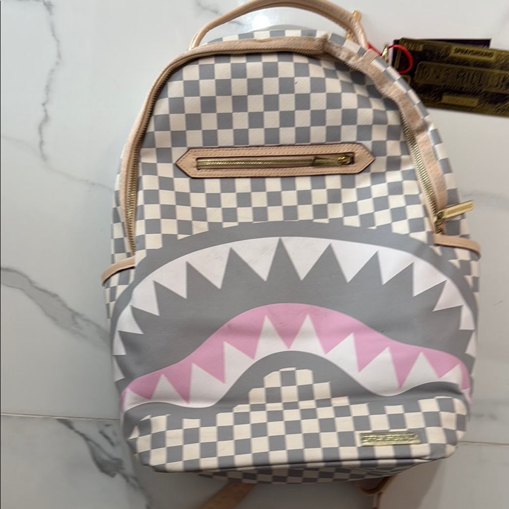 Sprayground Gray and Pink Checkered Shark Backpack